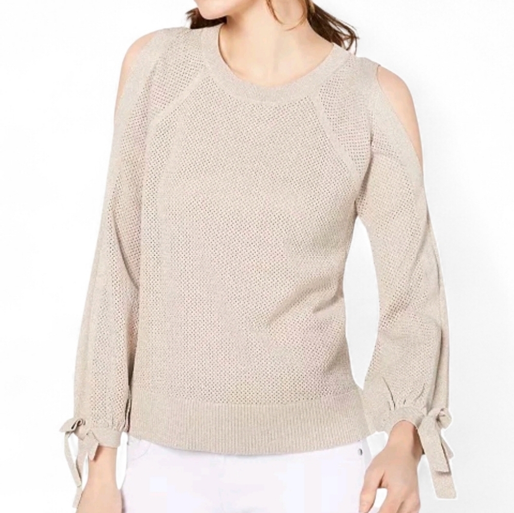 NEW INC INTERNATIONAL CONCEPTS L Tan Metallic Split Long Sleeve Knit Sweater